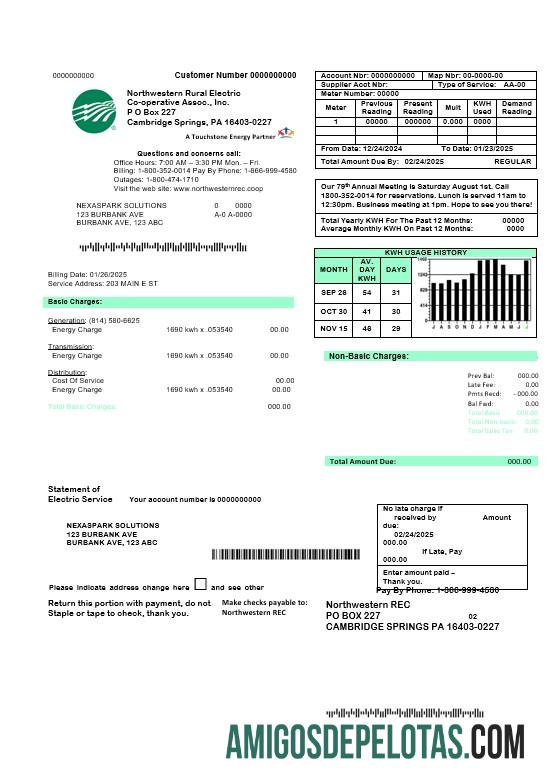Em branco modelo de conta de serviço público elétrico rural do noroeste dos EUA, totalmente editável em formatos Word e PDF
